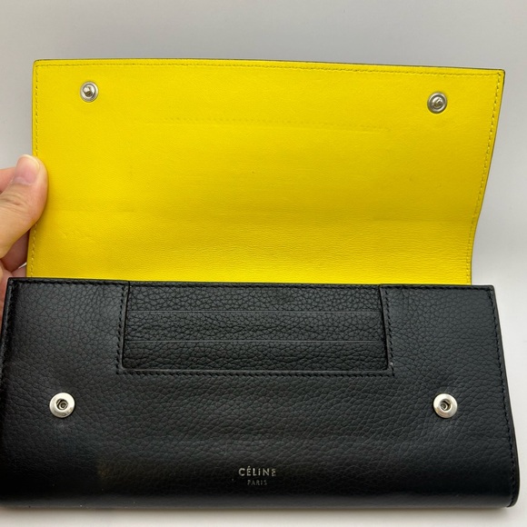 Authenticated Celine Black Flap Long Wallet, Double Snap, Yellow Interior - Picture 5 of 13